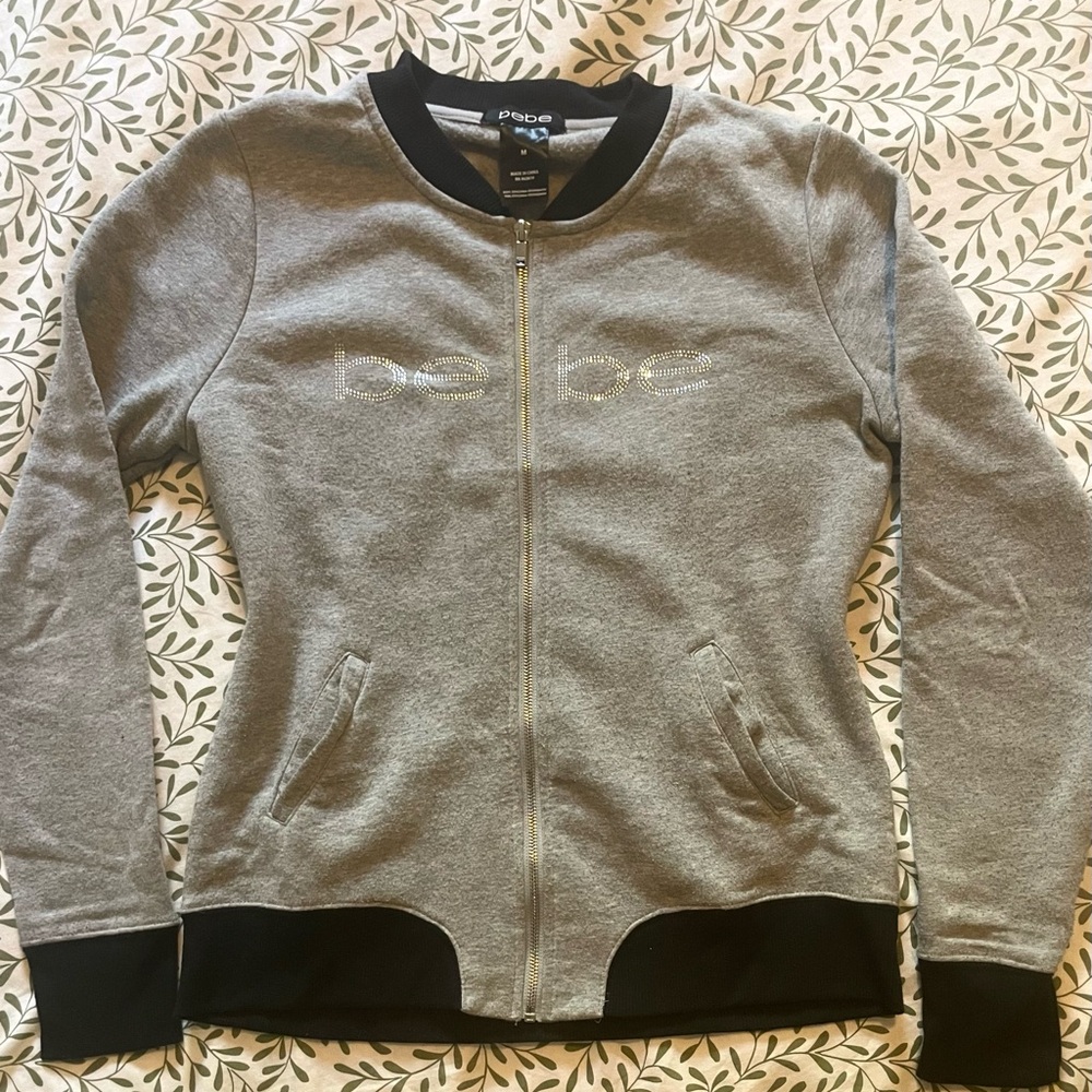 Bebe Womens Rhinestone Zip-Up Hoodie in Grey — Y2K Vintage Glam Zipper Pockets